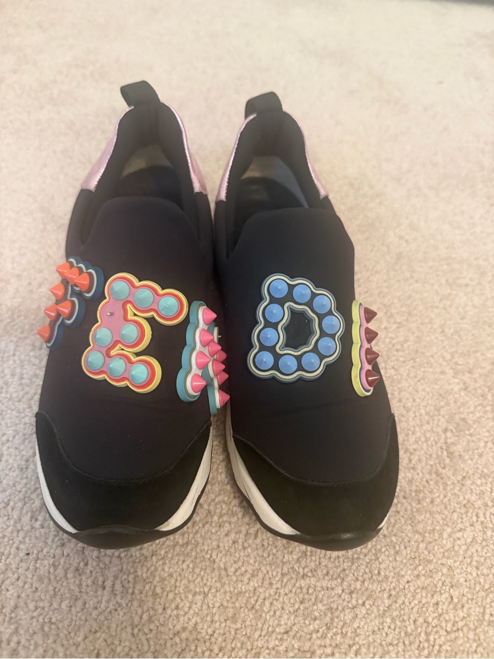 Fendi Black Slip-On Sneakers with Multicolor Letter Appliqués